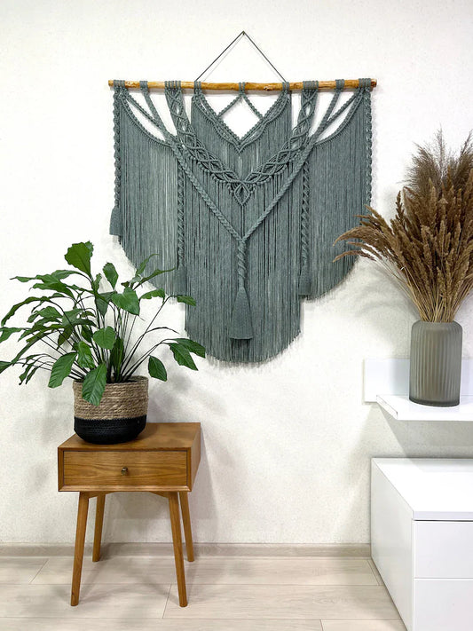 Large khaki macrame wall hanging with tassels, bohemian wallart